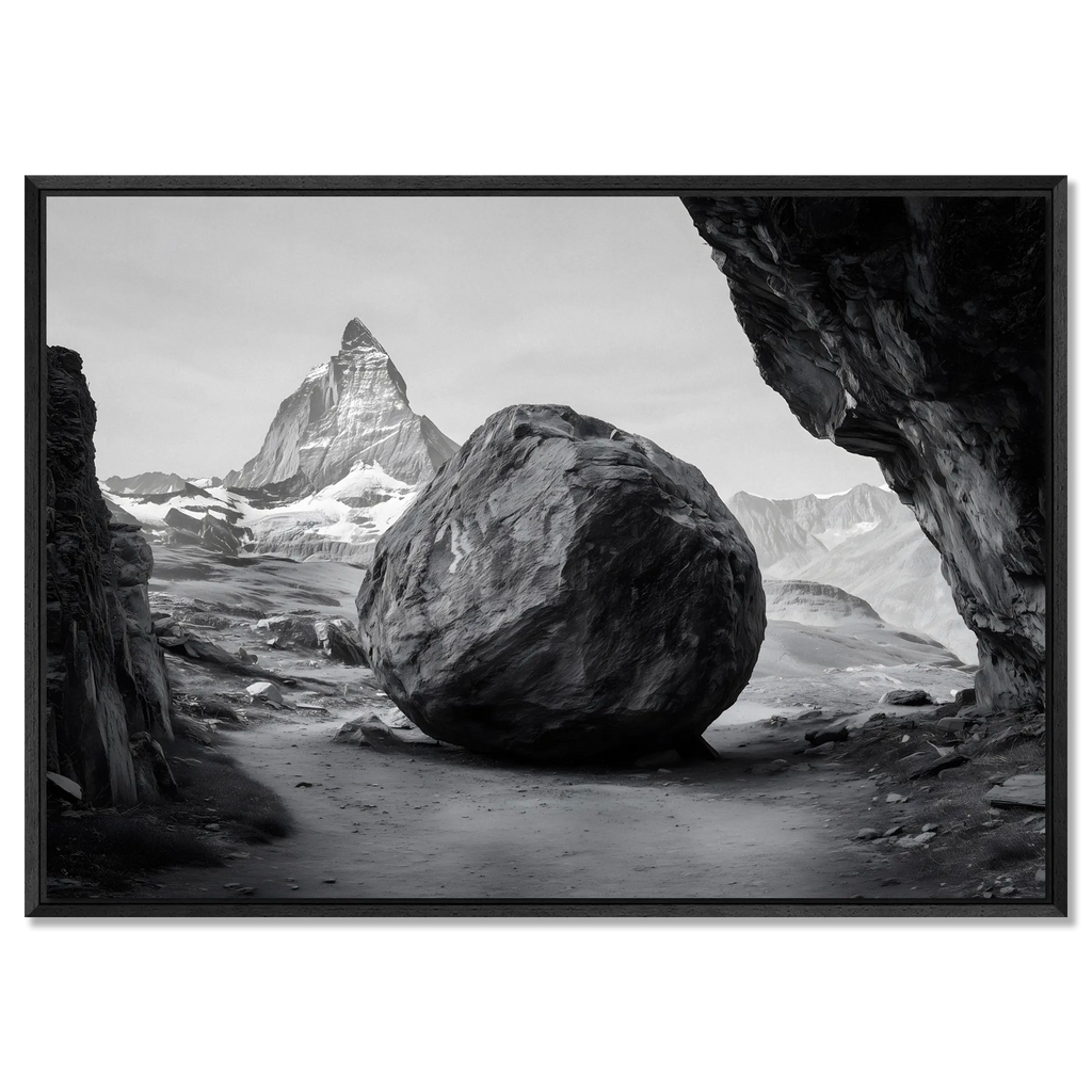Balance of Stone – Alu-Dibond wall art depicting a massive rock with the Matterhorn in the background.