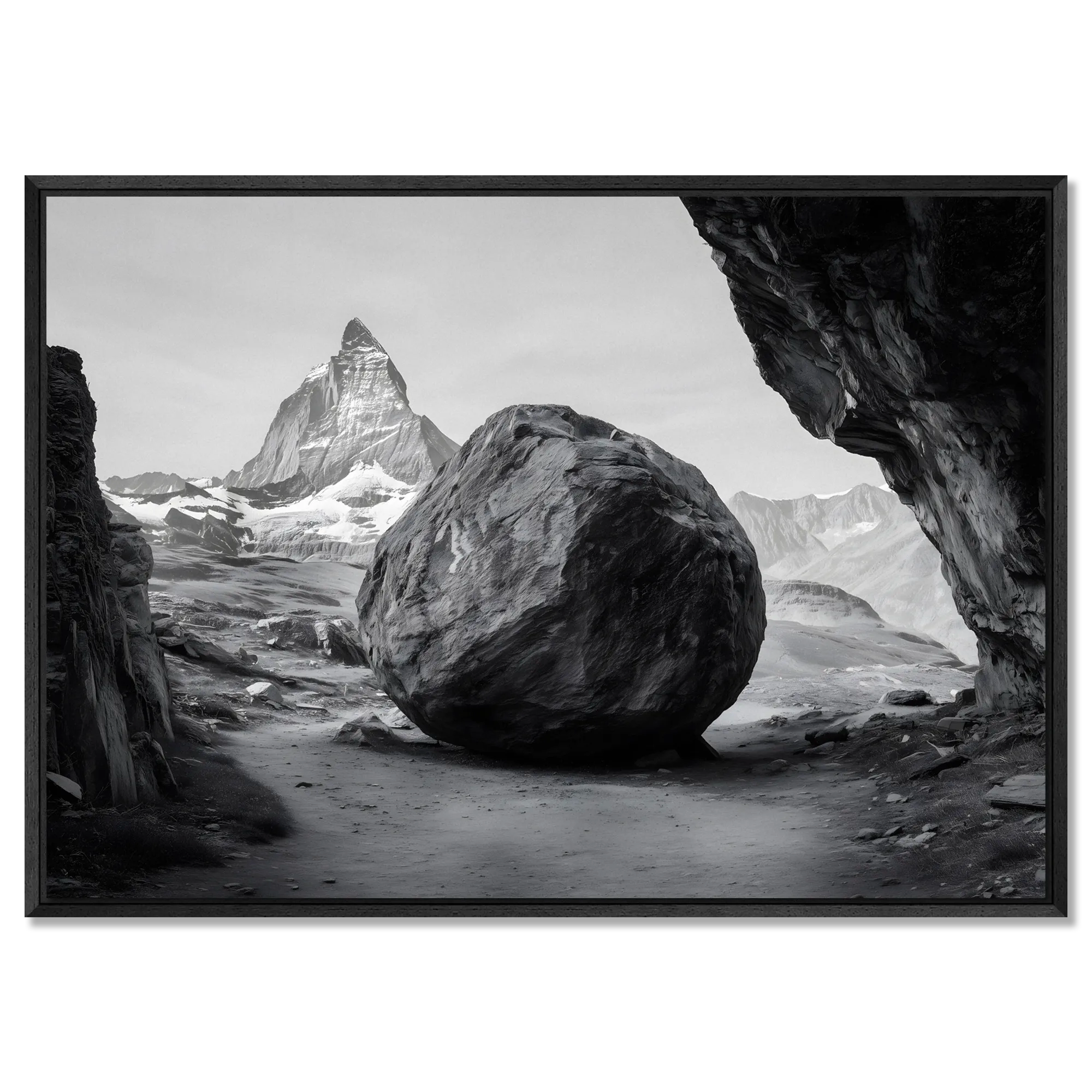 Balance of Stone – Alu-Dibond wall art depicting a massive rock with the Matterhorn in the background.