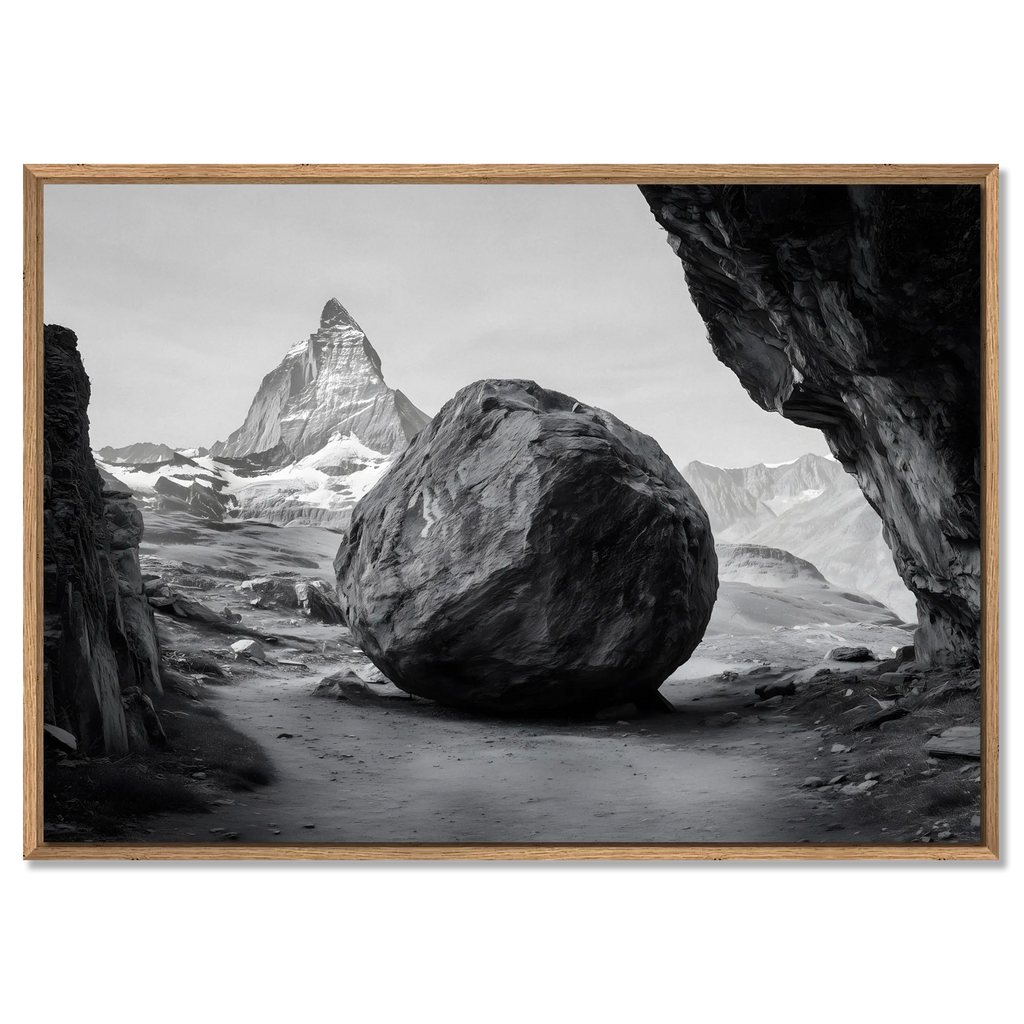 Balance of Stone – Alu-Dibond wall art featuring a massive rock with Matterhorn in the background.