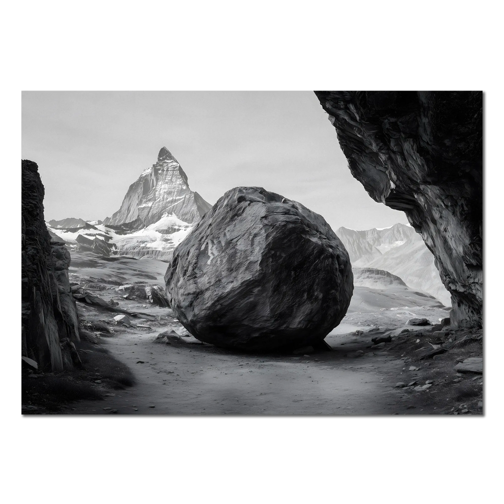 Balance of Stone – Alu-Dibond wall art featuring a massive rock with the Matterhorn in the background.