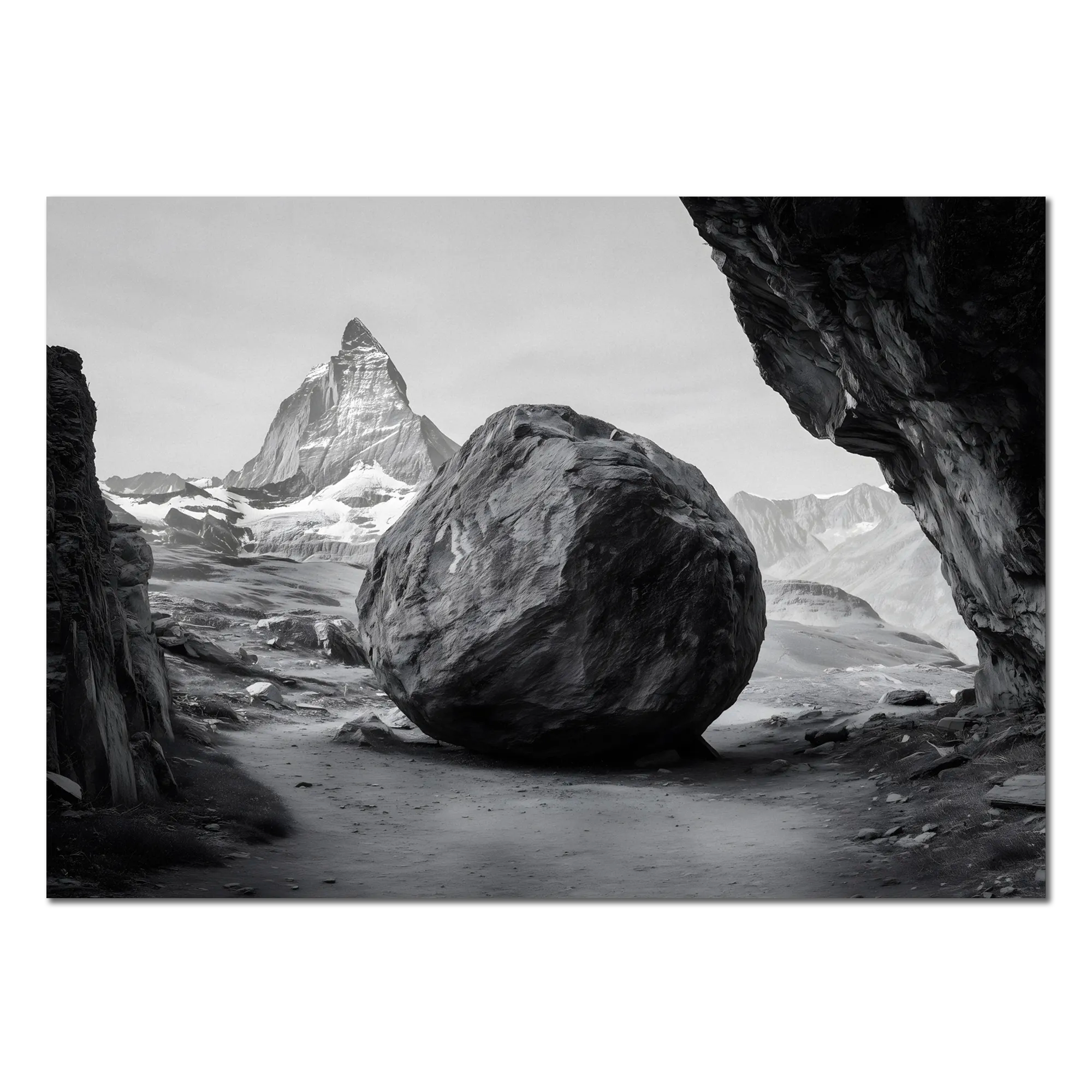 Balance of Stone – Alu-Dibond wall art featuring a massive rock with the Matterhorn in the background.