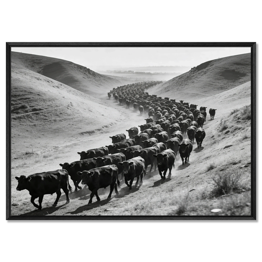 Black Angus Drive – Alu-Dibond wall art depicting a herd of Black Angus cattle in a striking black-and-white scene.