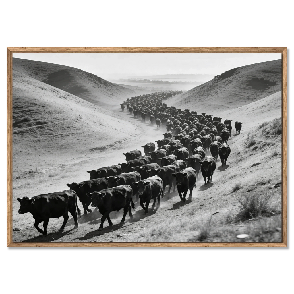 Black Angus Drive – Alu-Dibond wall art featuring a herd of cattle in a dusty valley.