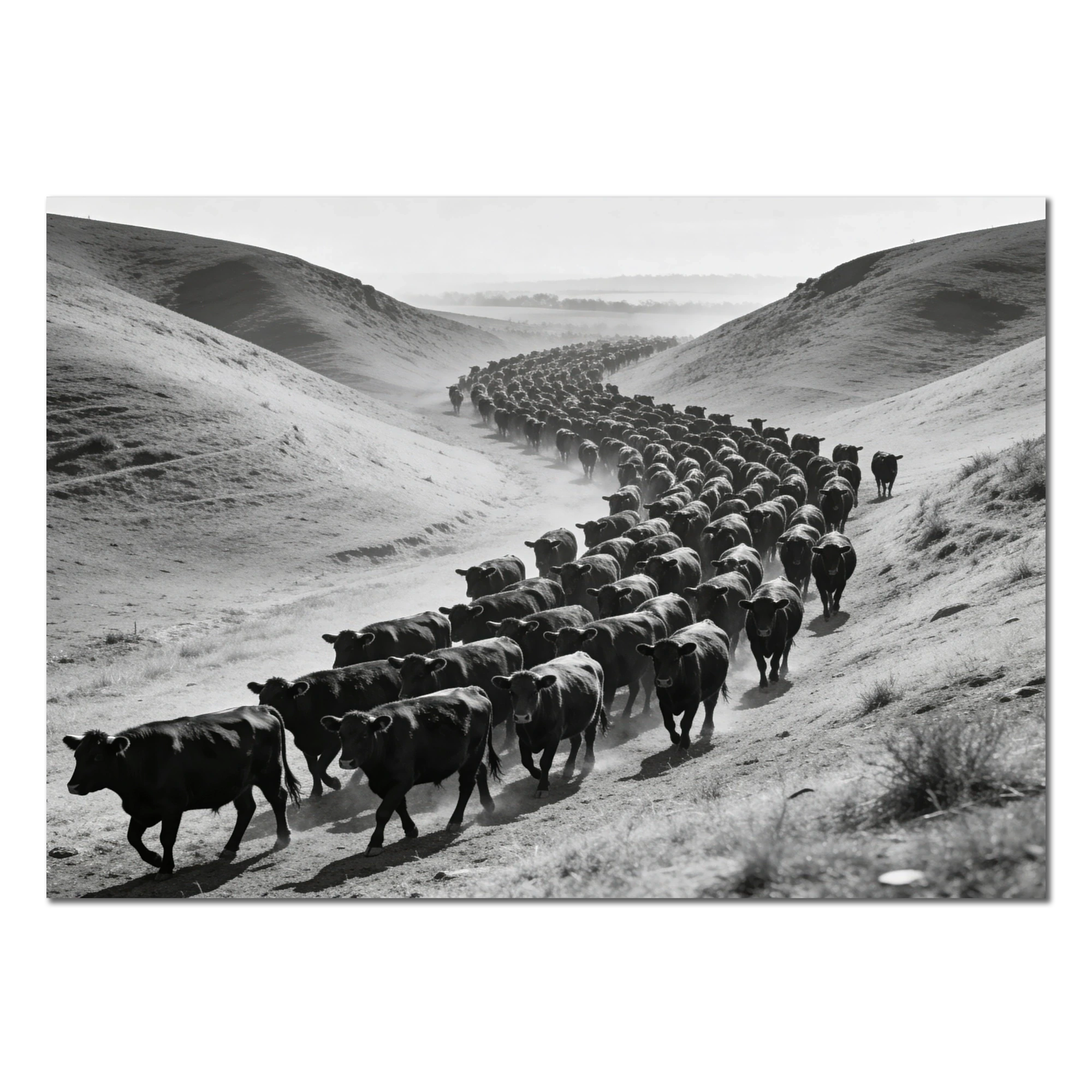 Black Angus Drive – Alu-Dibond wall art featuring a herd of Black Angus cattle in black-and-white.