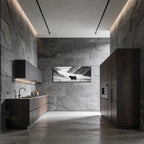 Black Cow Passage – Alu-Dibond wall art displayed in a modern kitchen with dark stone walls and contemporary decor.