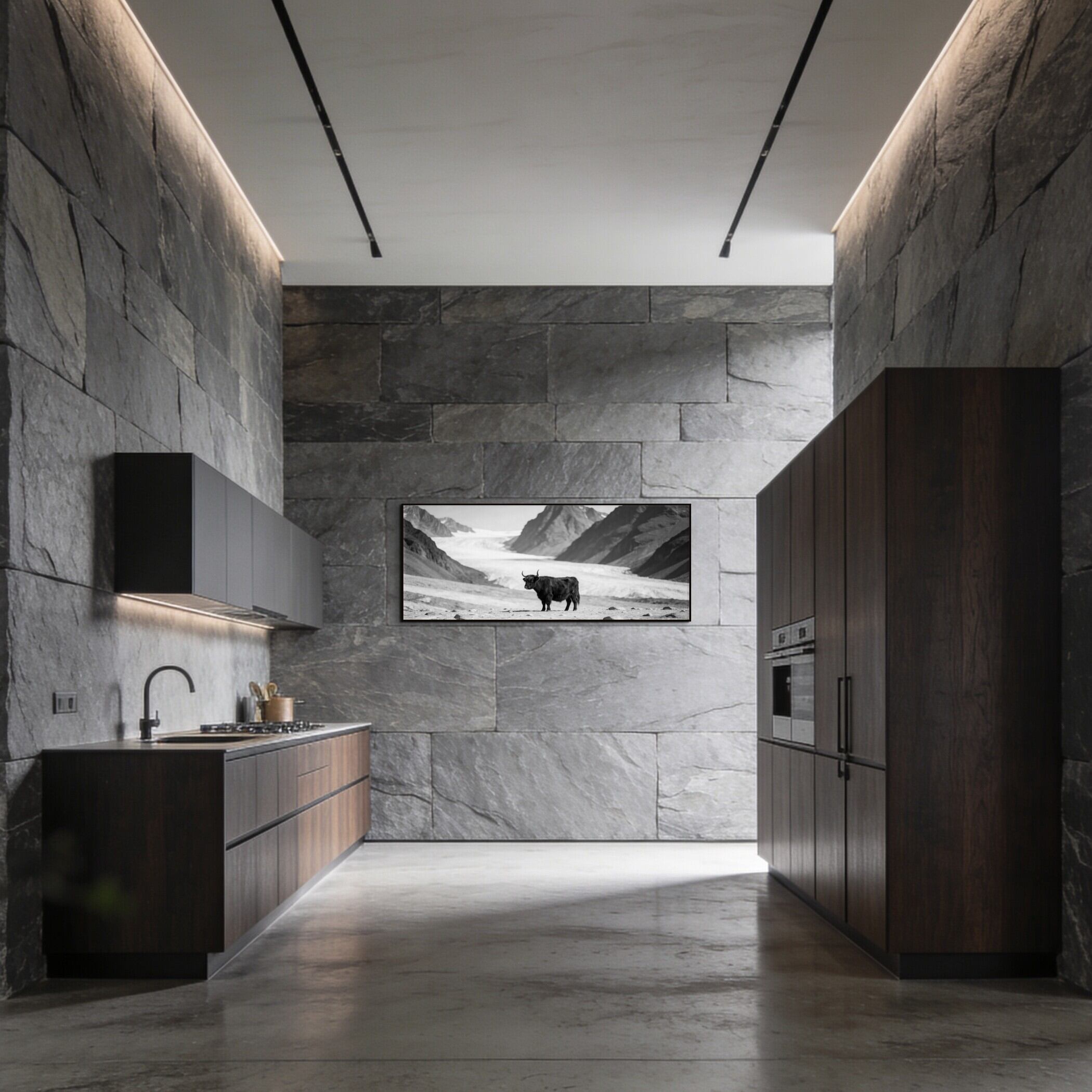 Black Cow Passage – Alu-Dibond wall art displayed in a modern kitchen with dark stone walls and contemporary decor.