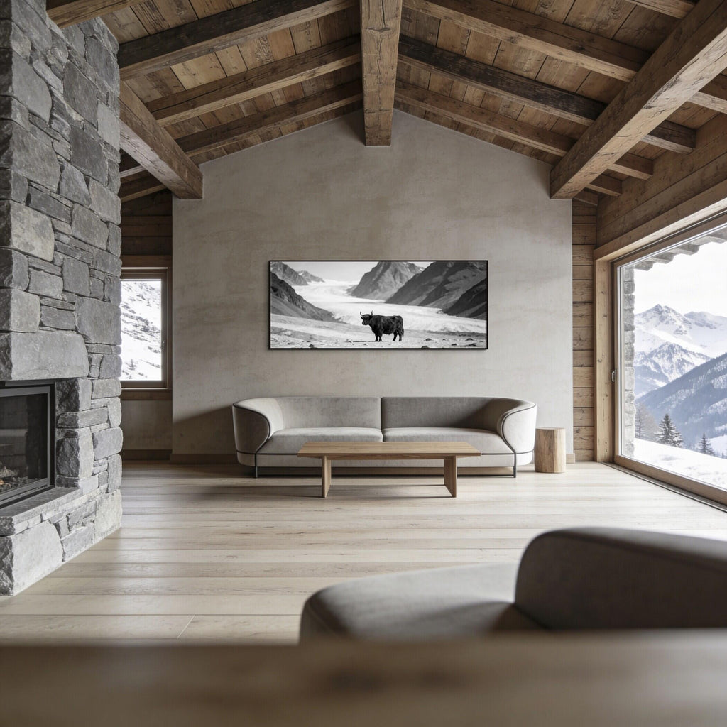 Black Cow Passage – Alu-Dibond wall art displayed in a wooden living room, featuring a serene alpine landscape.