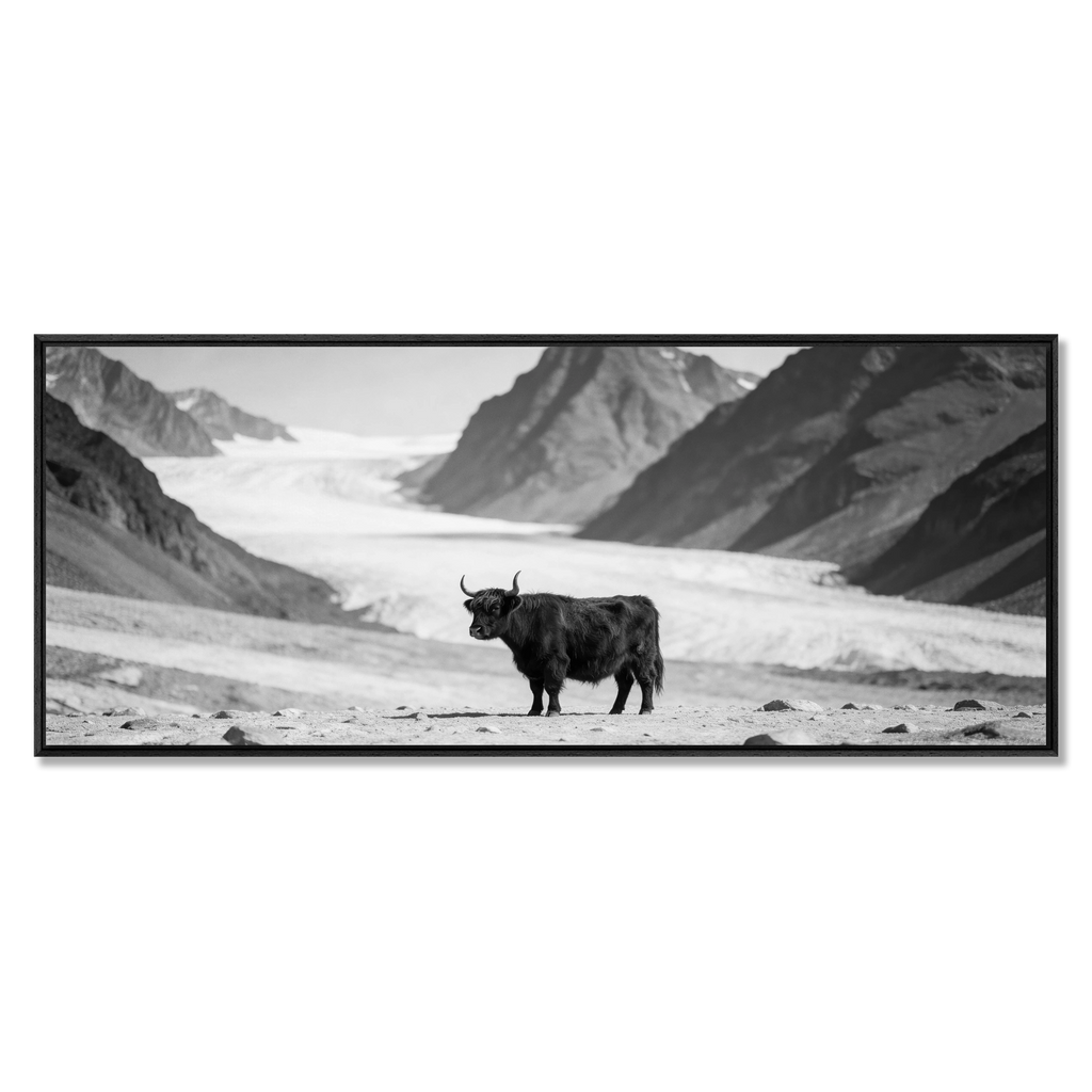 Black Cow Passage – Alu-Dibond wall art featuring a solitary cow in a dramatic black-and-white alpine landscape.