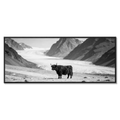 Black Cow Passage – Alu-Dibond wall art featuring a solitary cow in a dramatic black-and-white alpine landscape.