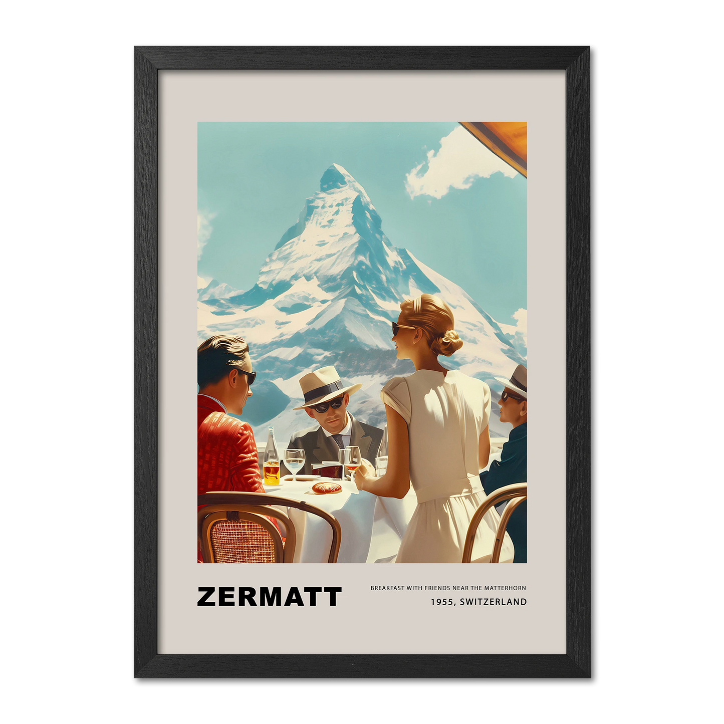 Framed poster of a scenic view with people at a table and the Matterhorn mountain in the background, featuring the text 'Zermatt'.