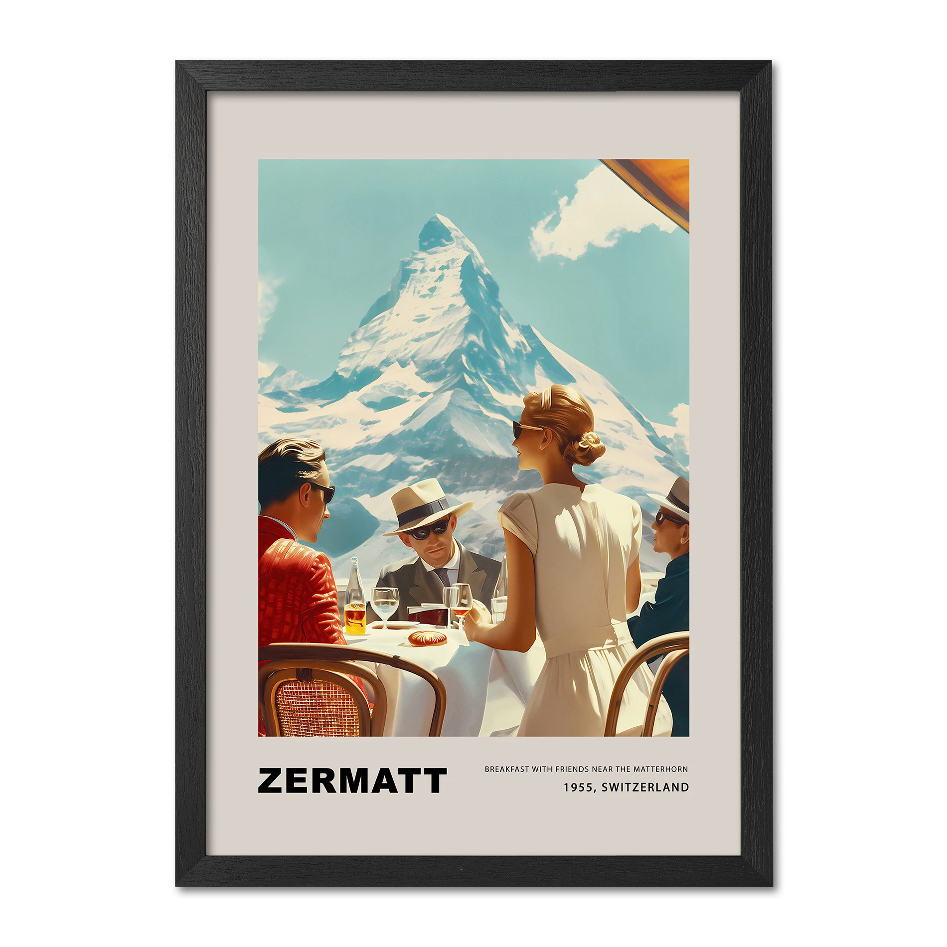 Framed poster of a scenic view with people at a table and the Matterhorn mountain in the background, featuring the text 'Zermatt'.
