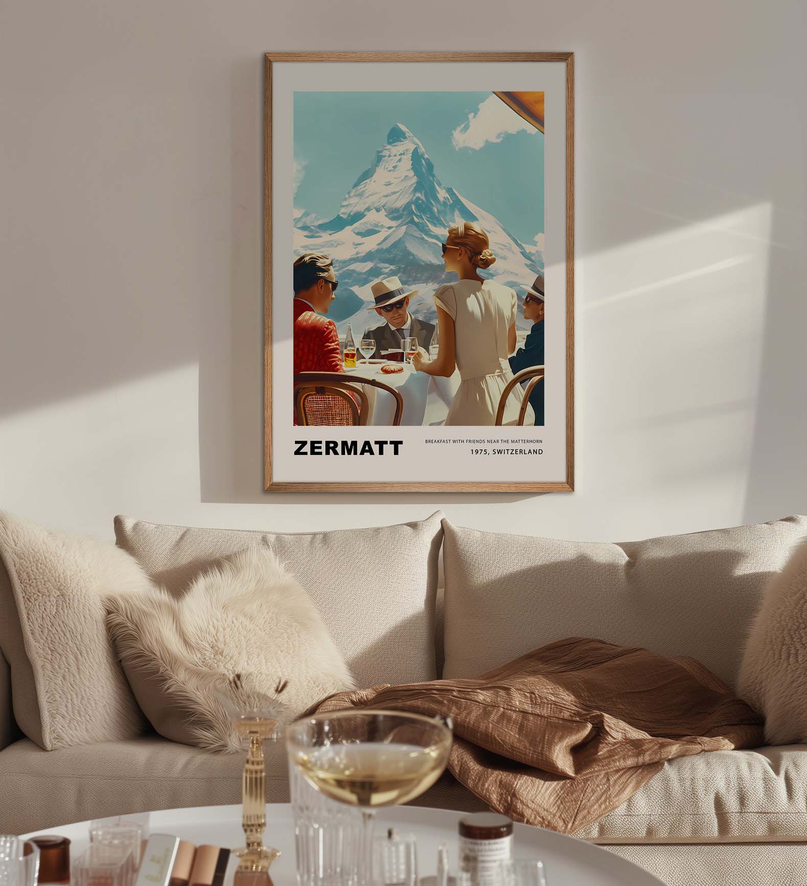 Experience the charm of Zermatt with this vintage poster featuring a group of friends enjoying breakfast against the stunning backdrop of the Matterhorn. This nostalgic scene from 1975, Switzerland, captures the essence of leisurely mornings and breathtaking mountain views.