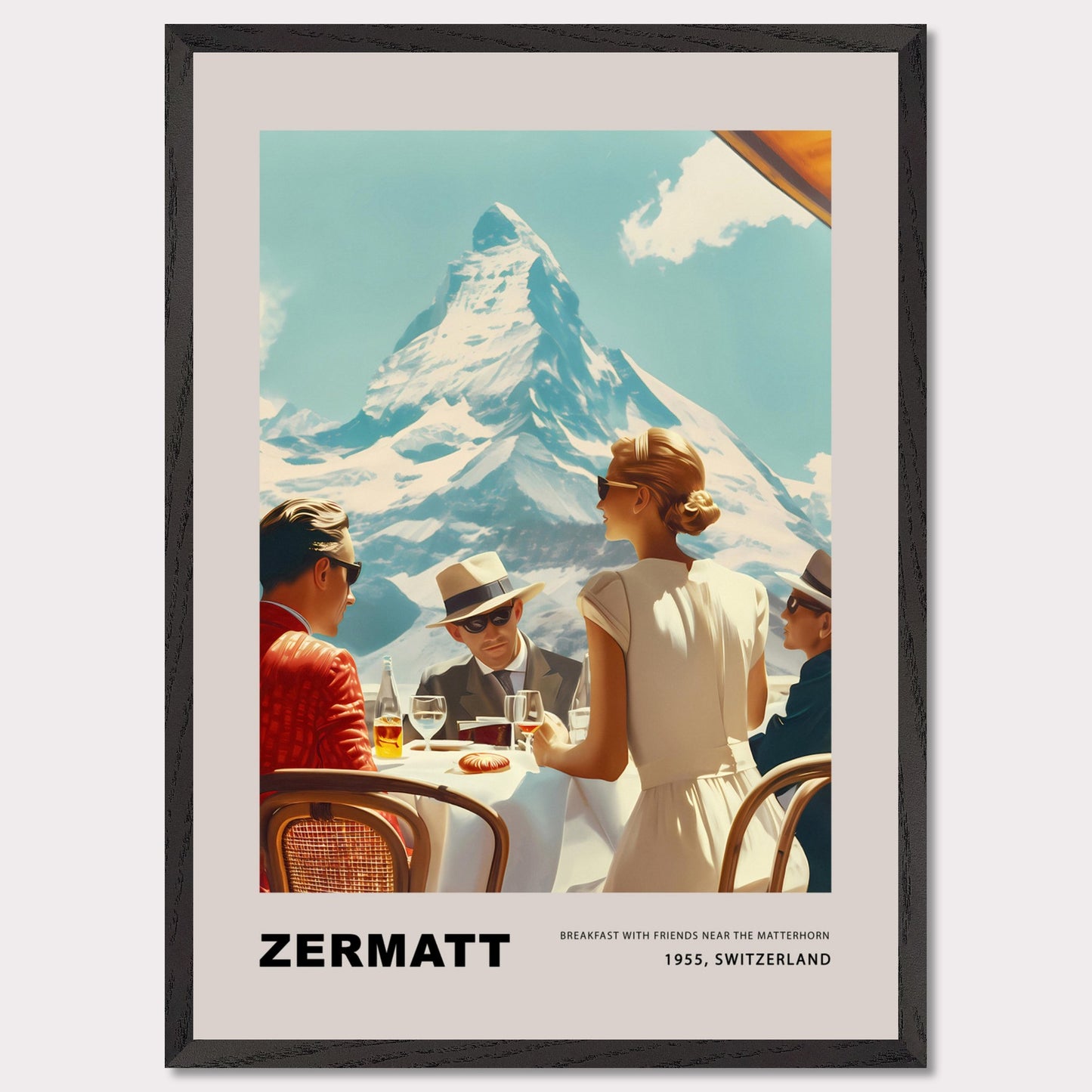 Experience the charm of Zermatt with this vintage poster featuring a group of friends enjoying breakfast against the stunning backdrop of the Matterhorn. This nostalgic scene from 1975, Switzerland, captures the essence of leisurely mornings and breathtaking mountain views.
