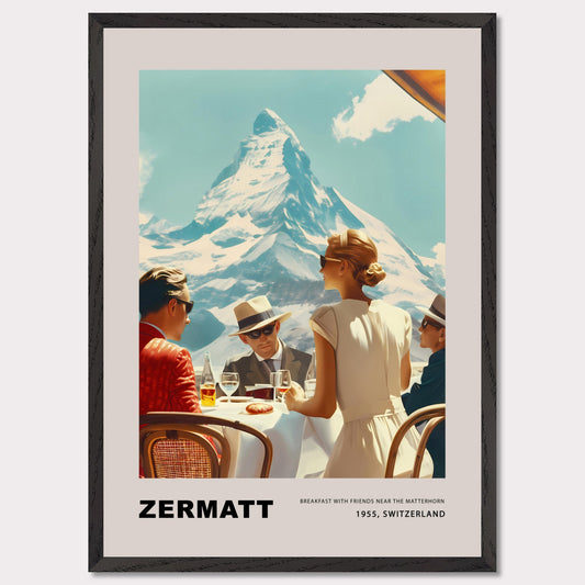Experience the charm of Zermatt with this vintage poster featuring a group of friends enjoying breakfast against the stunning backdrop of the Matterhorn. This nostalgic scene from 1975, Switzerland, captures the essence of leisurely mornings and breathtaking mountain views.
