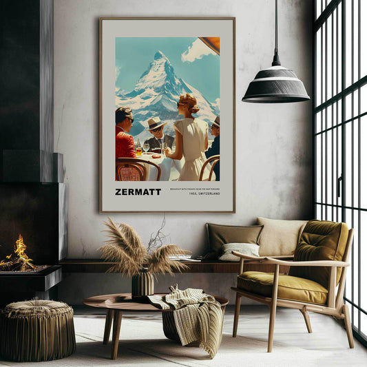 Experience the charm of Zermatt with this vintage poster featuring a group of friends enjoying breakfast against the stunning backdrop of the Matterhorn. This nostalgic scene from 1975, Switzerland, captures the essence of leisurely mornings and breathtaking mountain views.