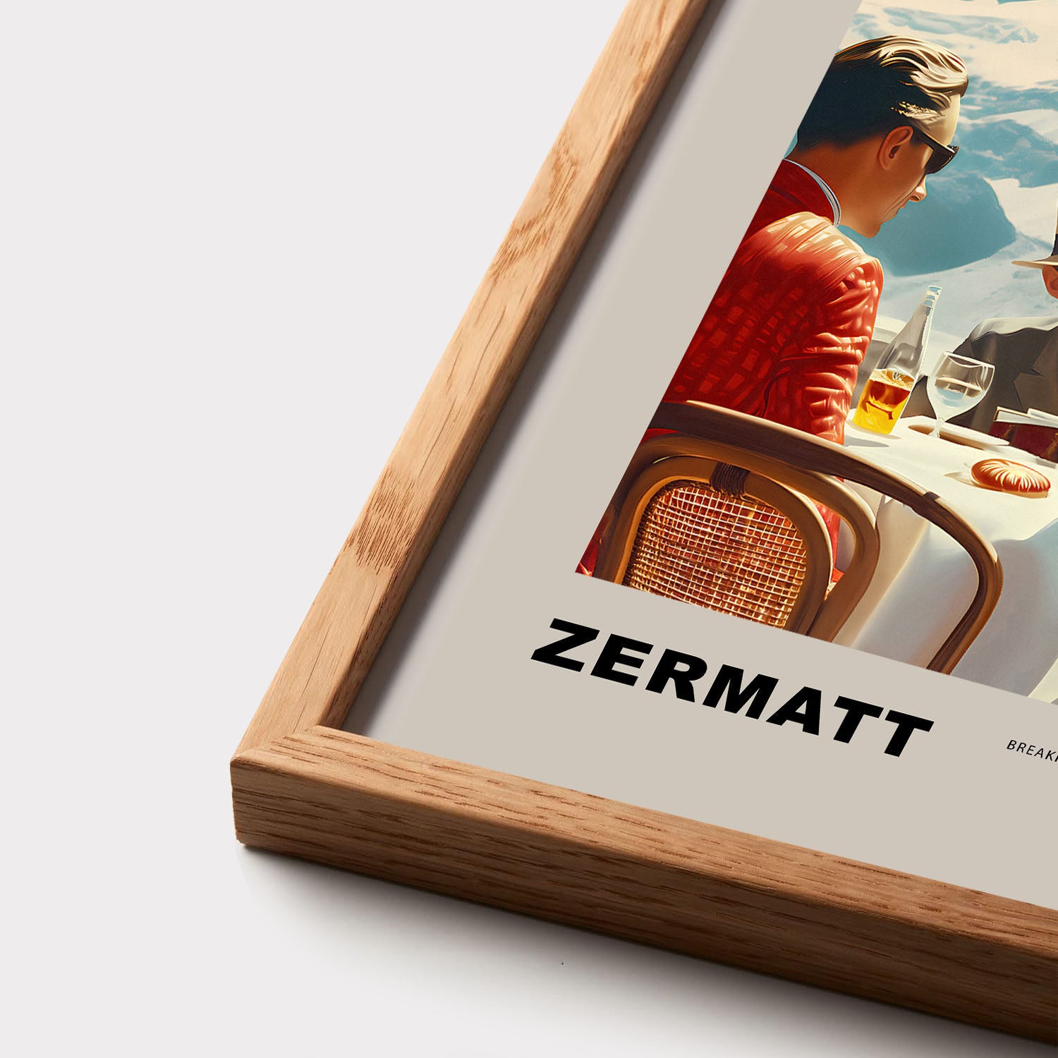 Experience the charm of Zermatt with this vintage poster featuring a group of friends enjoying breakfast against the stunning backdrop of the Matterhorn. This nostalgic scene from 1975, Switzerland, captures the essence of leisurely mornings and breathtaking mountain views.