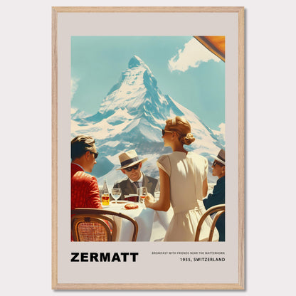 Experience the charm of Zermatt with this vintage poster featuring a group of friends enjoying breakfast against the stunning backdrop of the Matterhorn. This nostalgic scene from 1975, Switzerland, captures the essence of leisurely mornings and breathtaking mountain views.