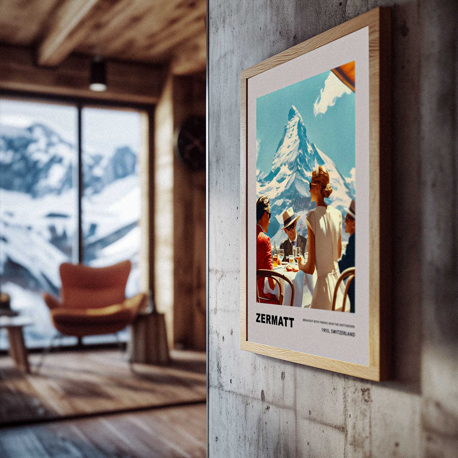 Experience the charm of Zermatt with this vintage poster featuring a group of friends enjoying breakfast against the stunning backdrop of the Matterhorn. This nostalgic scene from 1975, Switzerland, captures the essence of leisurely mornings and breathtaking mountain views.