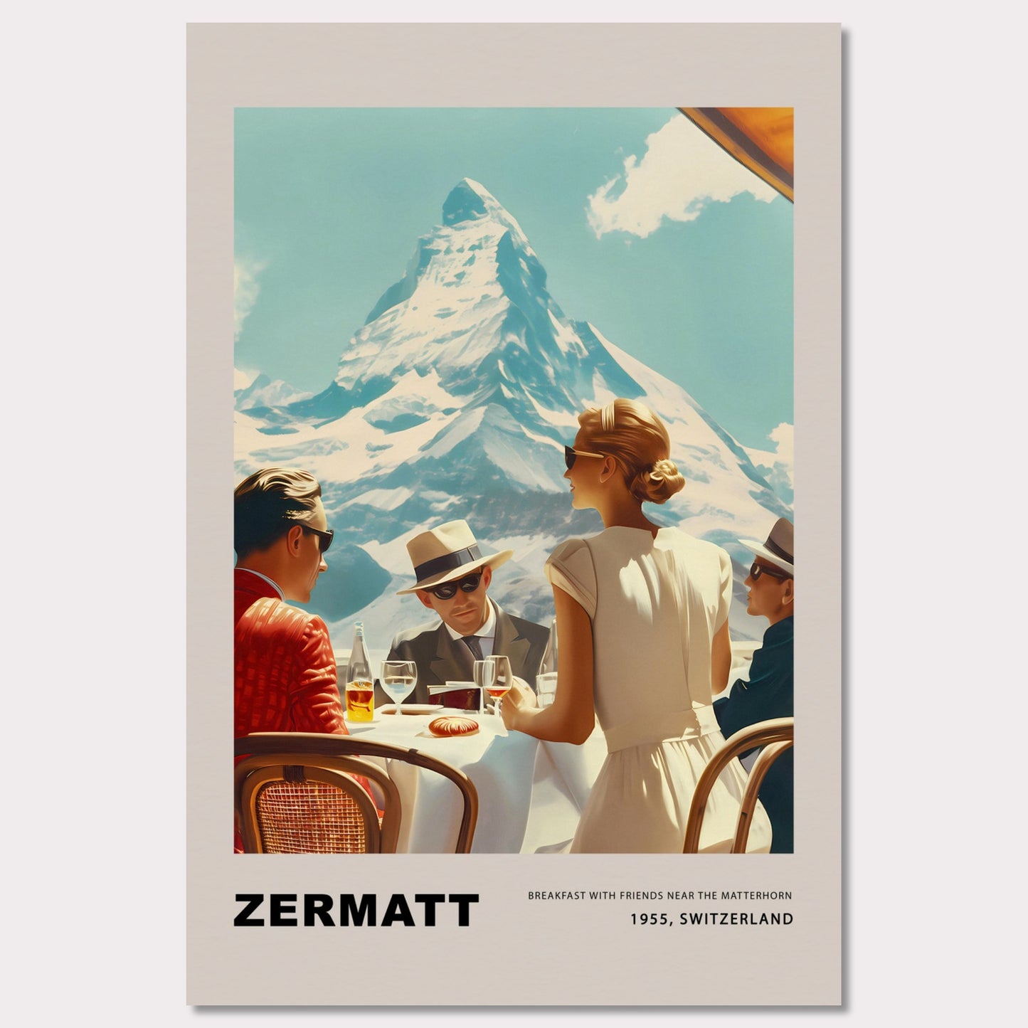 Experience the charm of Zermatt with this vintage poster featuring a group of friends enjoying breakfast against the stunning backdrop of the Matterhorn. This nostalgic scene from 1955, Switzerland, captures the essence of leisurely mornings and breathtaking mountain views.