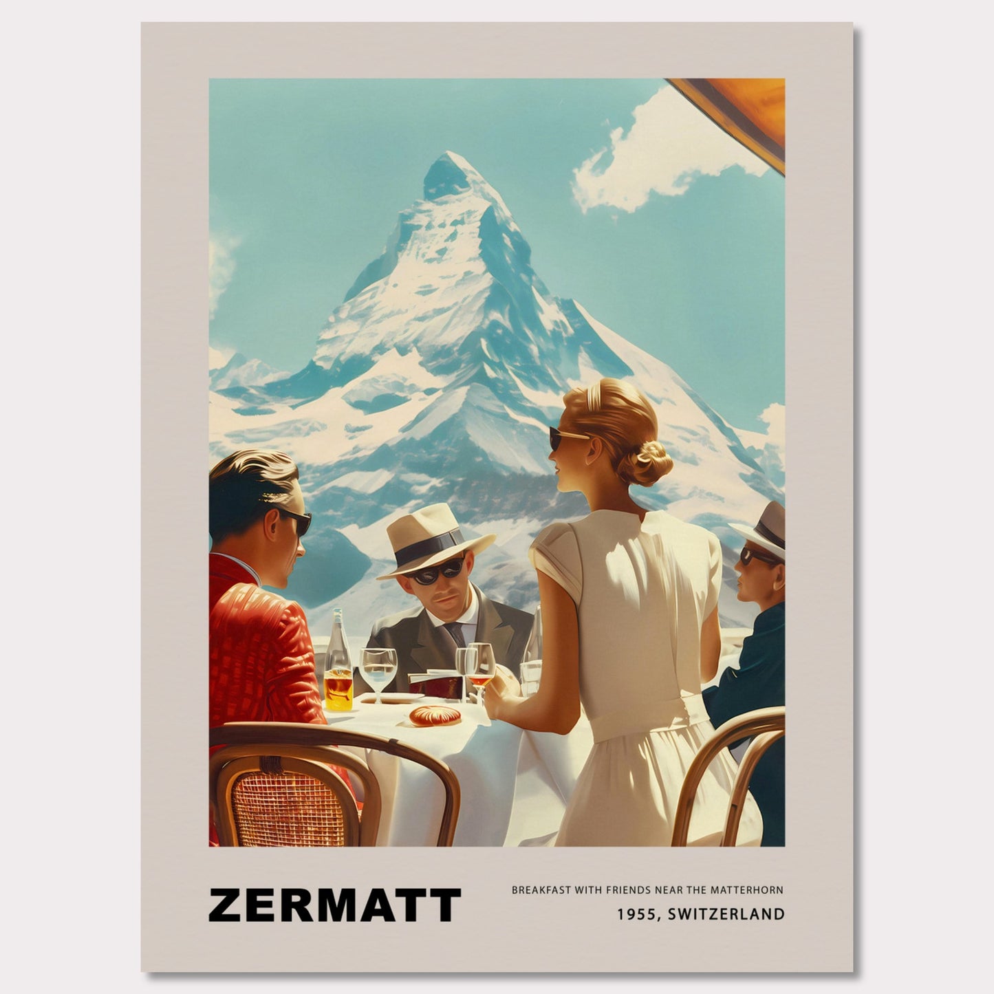 Experience the charm of Zermatt with this vintage poster featuring a group of friends enjoying breakfast against the stunning backdrop of the Matterhorn. This nostalgic scene from 1955, Switzerland, captures the essence of leisurely mornings and breathtaking mountain views.