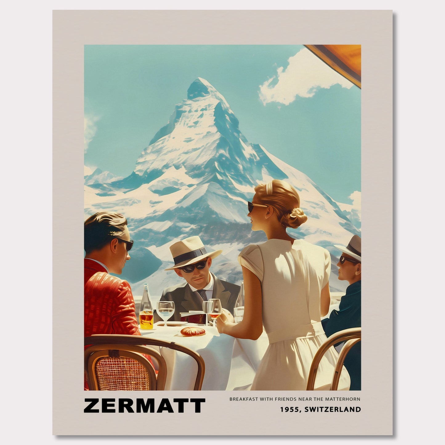 Experience the charm of Zermatt with this vintage poster featuring a group of friends enjoying breakfast against the stunning backdrop of the Matterhorn. This nostalgic scene from 1955, Switzerland, captures the essence of leisurely mornings and breathtaking mountain views.