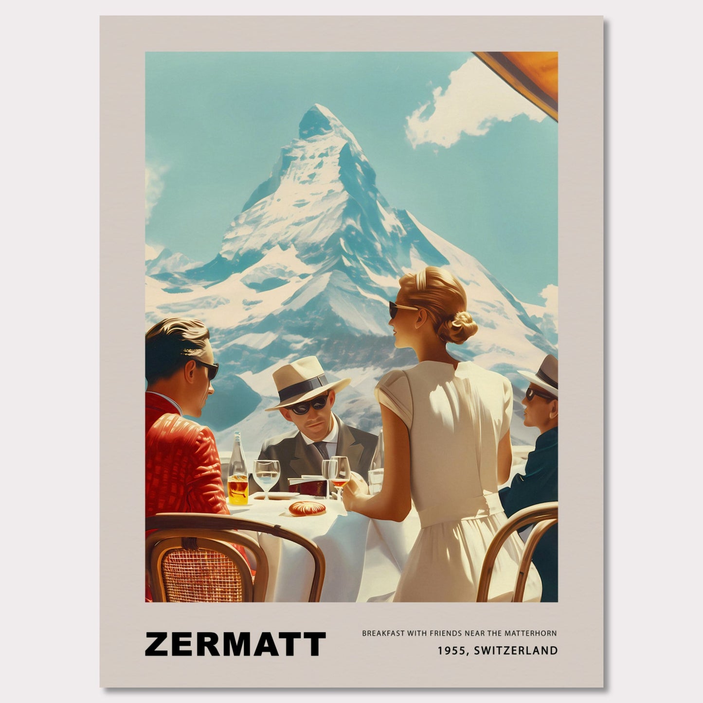 Experience the charm of Zermatt with this vintage poster featuring a group of friends enjoying breakfast against the stunning backdrop of the Matterhorn. This nostalgic scene from 1955, Switzerland, captures the essence of leisurely mornings and breathtaking mountain views.