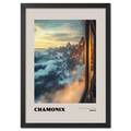 Chamonix - The Heart of the French Alps - Poster showcasing a sunrise over mountain peaks framed by a train window.