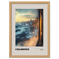 Chamonix - The Heart of the French Alps - Poster featuring a golden sunrise over majestic mountain peaks.