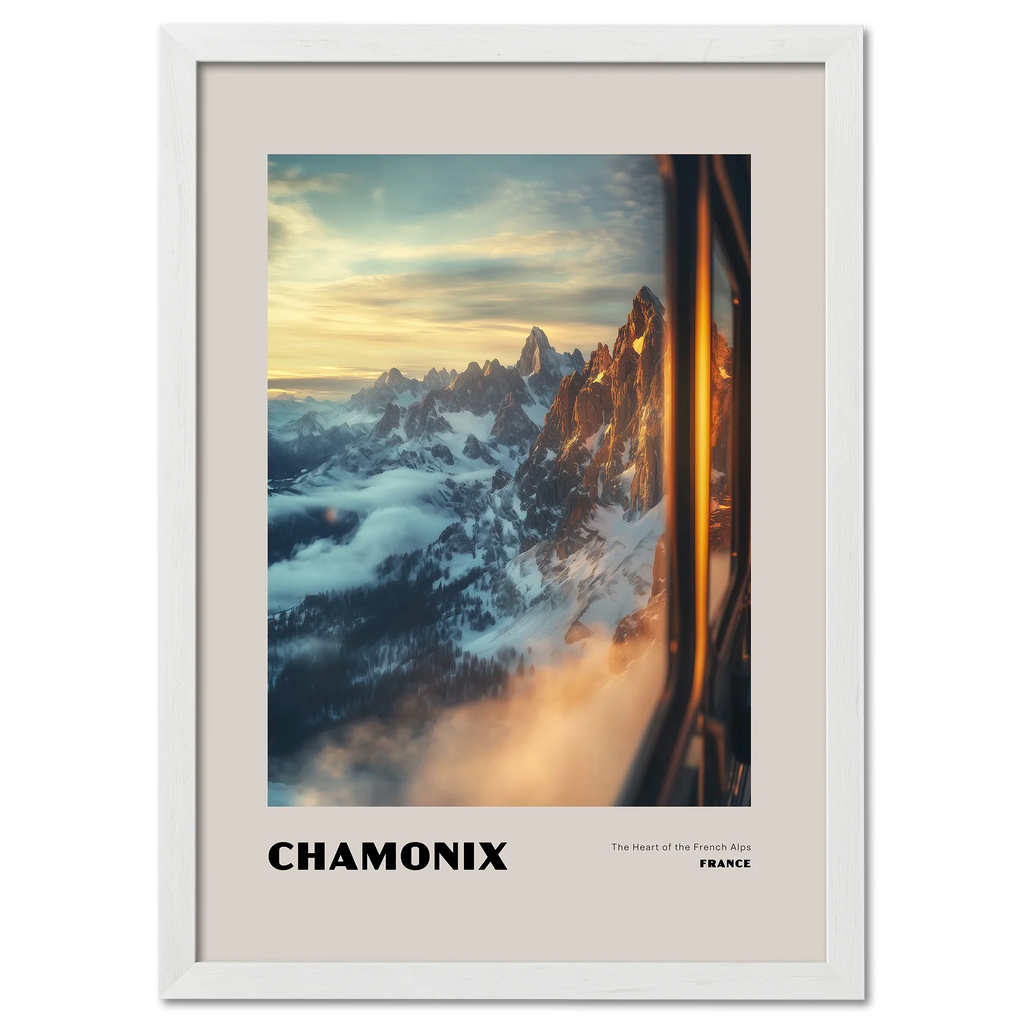 Chamonix - The Heart of the French Alps - Poster showcasing a sunrise over majestic peaks and valleys in the French Alps.