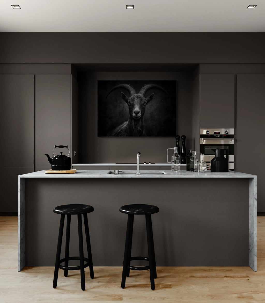 Character of a goat - Alu-Dibond wall art displayed in a modern kitchen with black stools and a stylish decor.