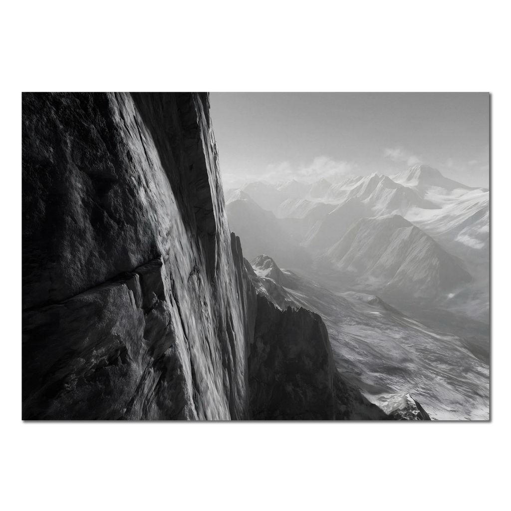 Cliff Light – Alu-Dibond wall art depicting a dramatic alpine wall and misty mountain valleys.