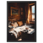 Coffee & Fur, Morning Heat - Poster showing a cozy wooden chalet corner with a steaming cup of coffee on a table.
