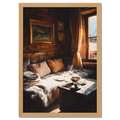 Coffee & Fur, Morning Heat - Poster depicting a cozy wooden chalet with soft morning light and a steaming cup of coffee.
