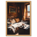 Coffee & Fur, Morning Heat - Poster depicting a cozy wooden chalet with soft morning light and a steaming cup of coffee.