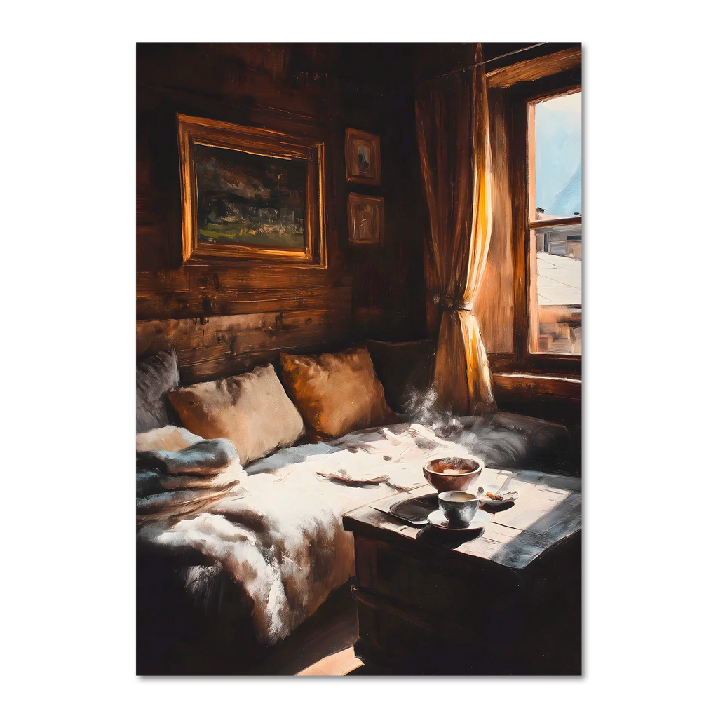 Coffee & Fur, Morning Heat - Poster depicting a cozy wooden chalet corner with warm light and steaming coffee.