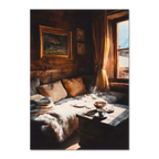 Coffee & Fur, Morning Heat - Poster depicting a cozy wooden chalet corner with warm light and steaming coffee.