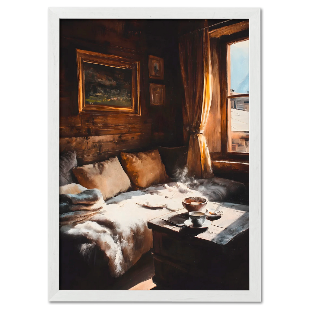 Coffee & Fur, Morning Heat - Poster shows a cozy chalet interior with morning light and a steaming cup of coffee.