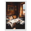 Coffee & Fur, Morning Heat - Poster shows a cozy chalet interior with morning light and a steaming cup of coffee.