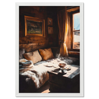 Coffee & Fur, Morning Heat - Poster shows a cozy chalet interior with morning light and a steaming cup of coffee.