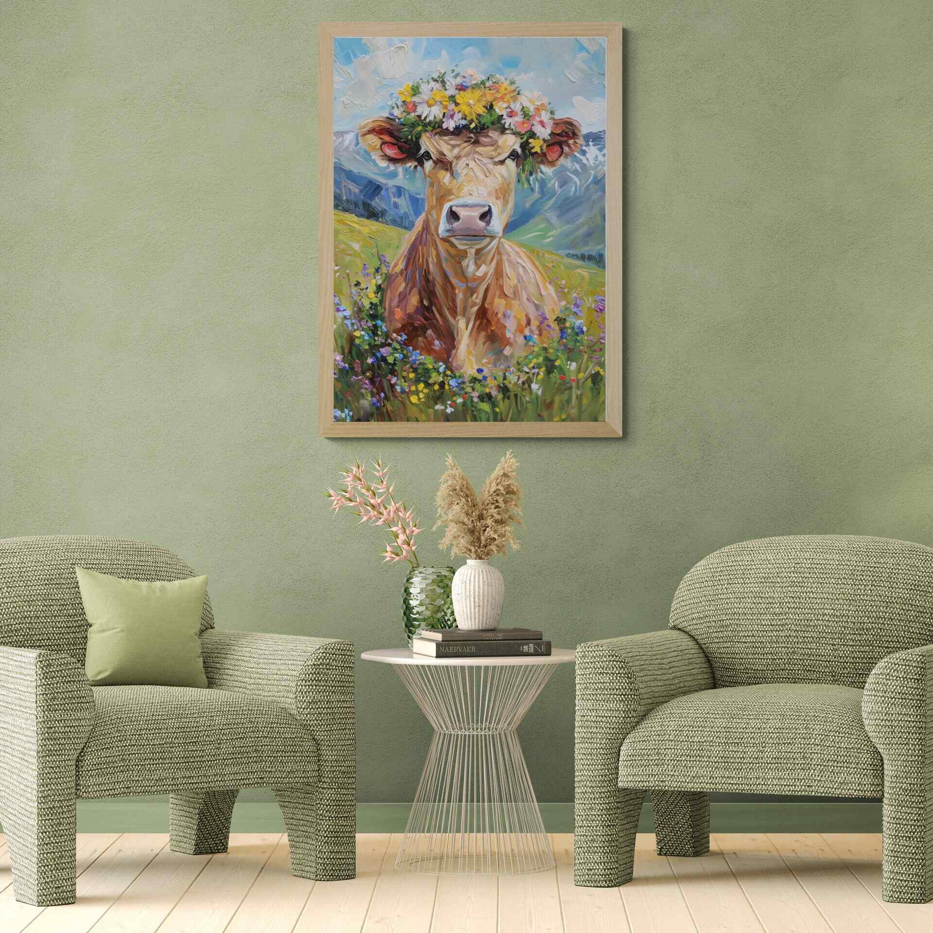 Fluffy cow in a wreath - Poster featuring a colorful alpine cow in a meadow with mountain backdrop.