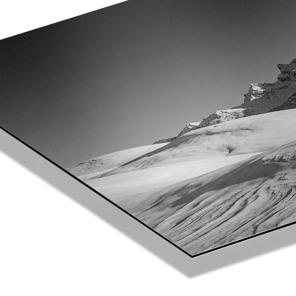 Dents du Midi in Winter – Alu-Dibond wall art depicting snow-covered mountains and serene winter landscape.