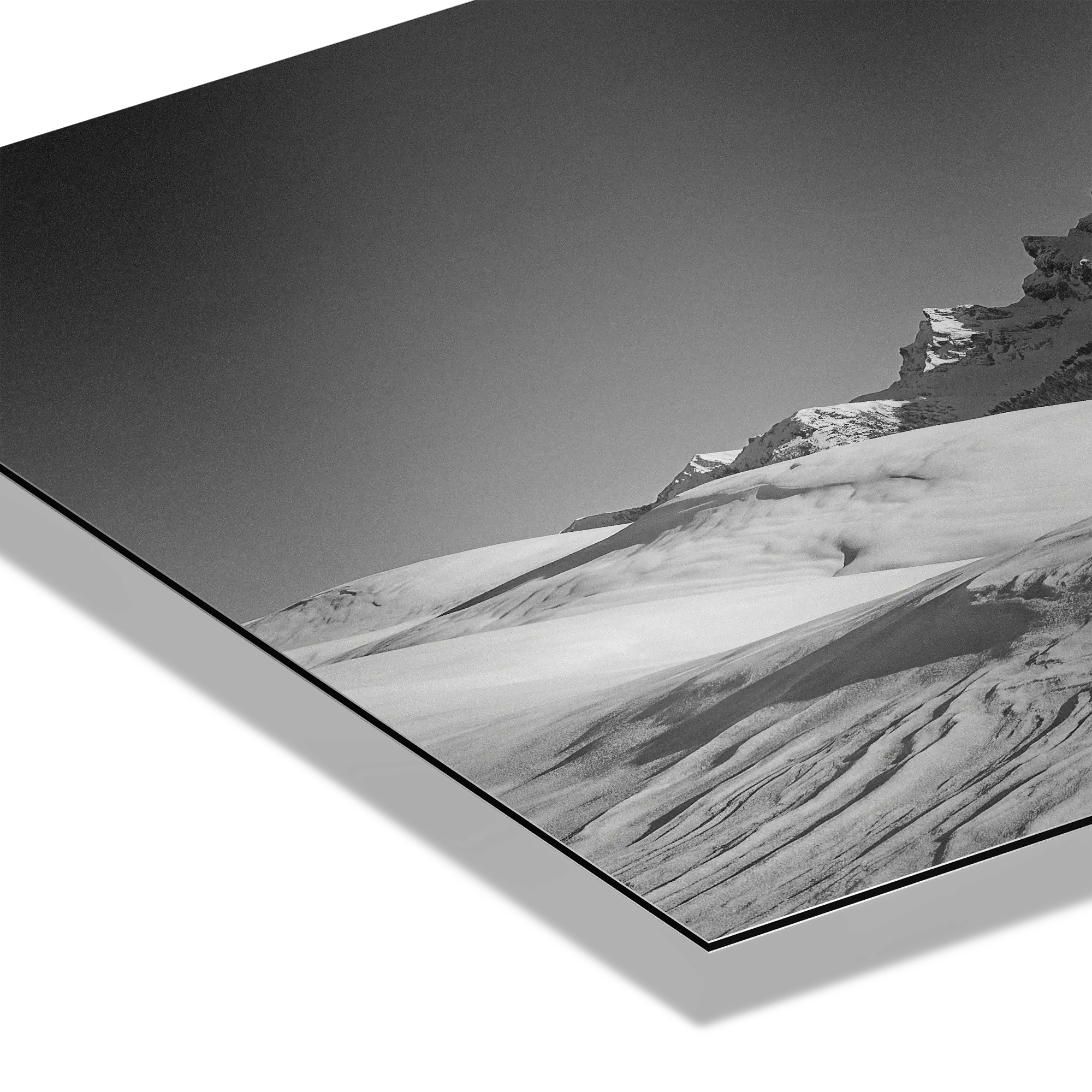 Dents du Midi in Winter – Alu-Dibond wall art depicting snow-covered mountains and serene winter landscape.