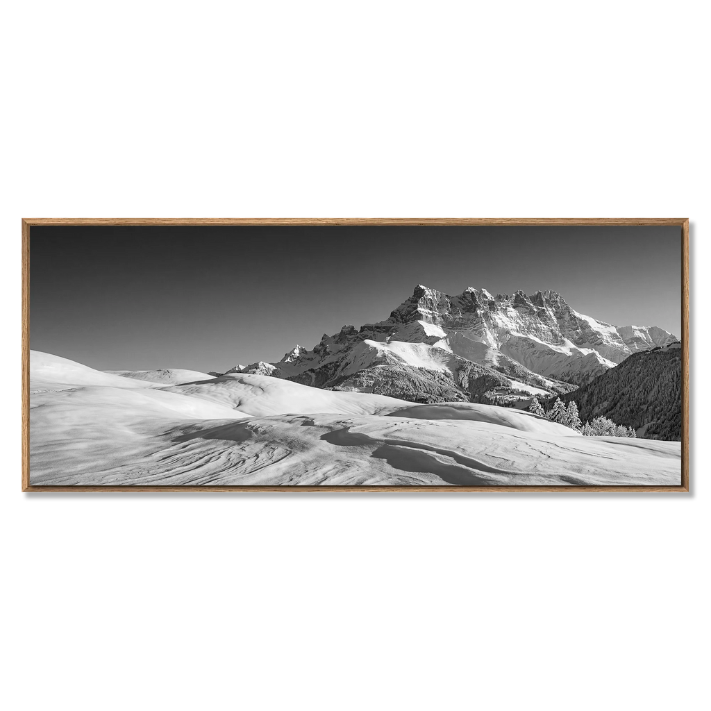 Dents du Midi in Winter – Alu-Dibond wall art showcasing a stunning snowy mountain landscape.