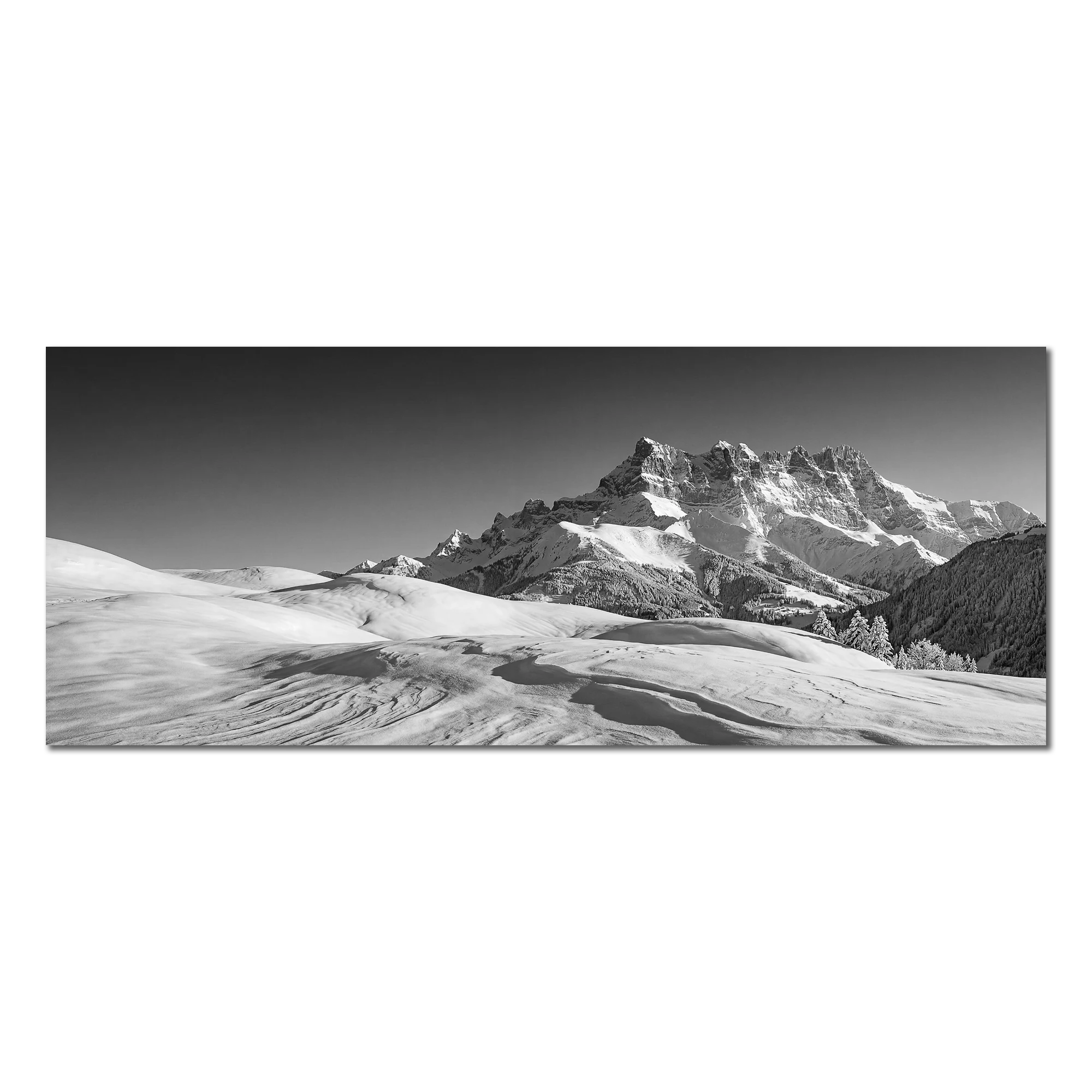 Dents du Midi in Winter – Alu-Dibond wall art showcasing a stunning winter landscape in black and white.