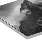 Echo of Stone – Alu-Dibond wall art showcasing majestic alpine peaks in mist and light.