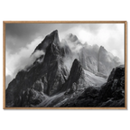 Echo of Stone – Alu-Dibond wall art showcasing majestic alpine peaks in misty black and white.