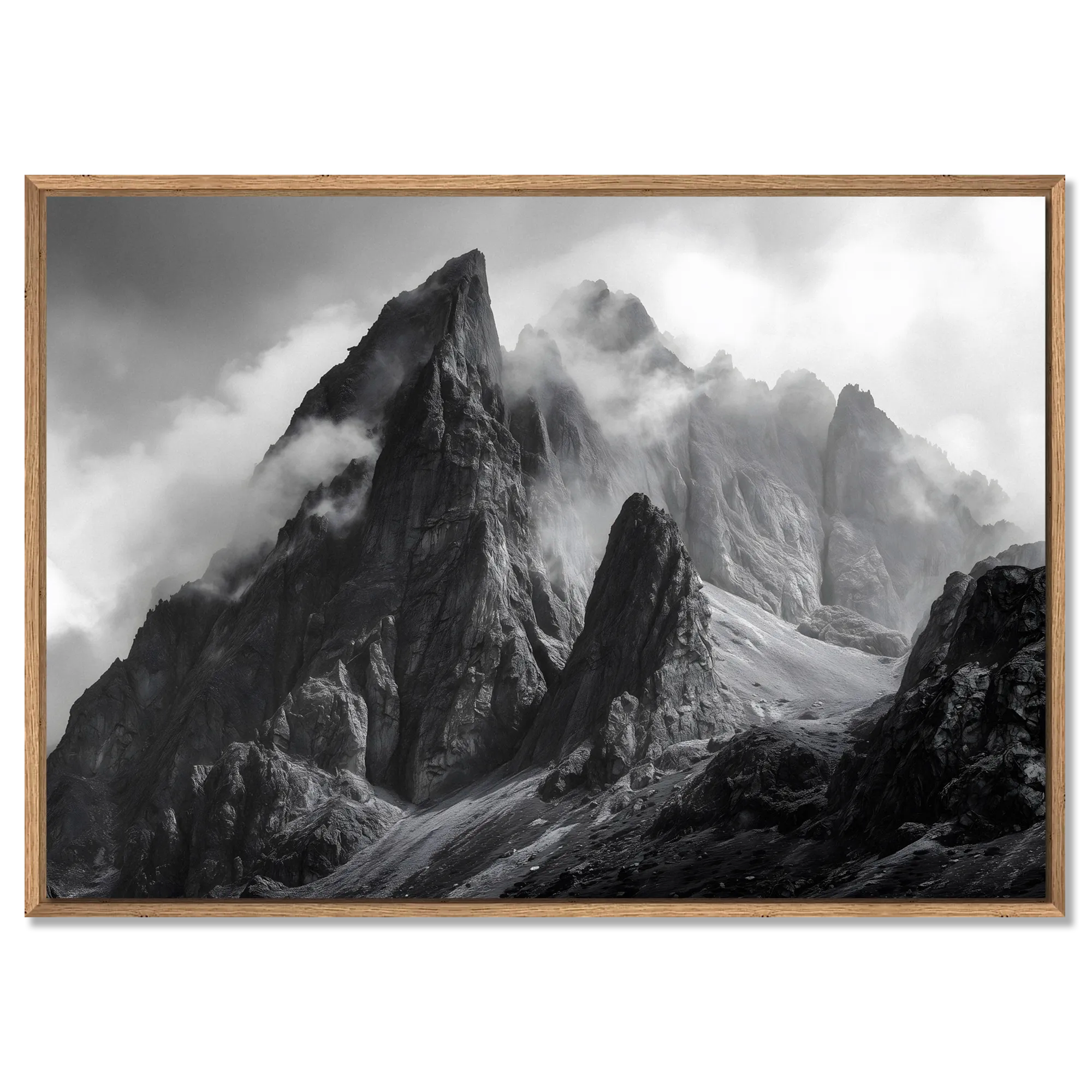 Echo of Stone – Alu-Dibond wall art showcasing majestic alpine peaks in misty black and white.