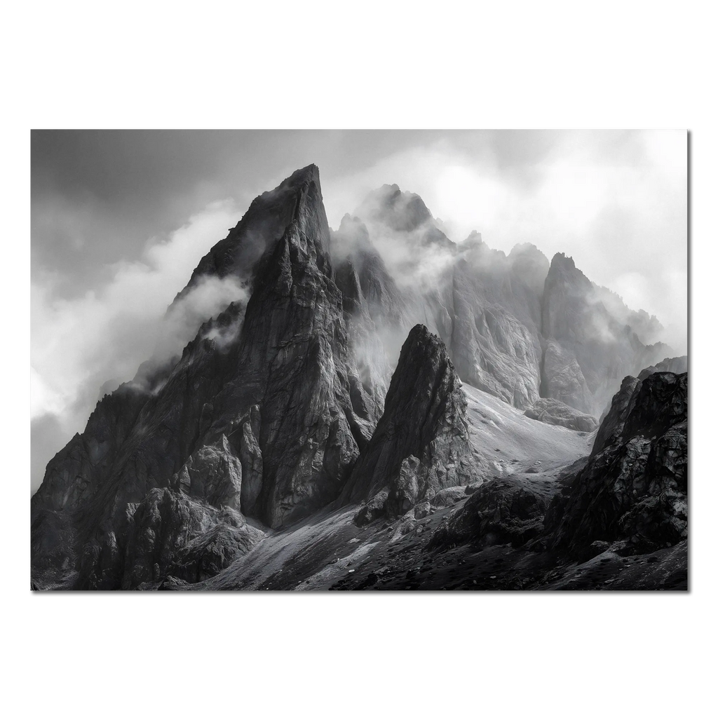 Echo of Stone – Alu-Dibond wall art depicting majestic alpine peaks in dramatic black and white.