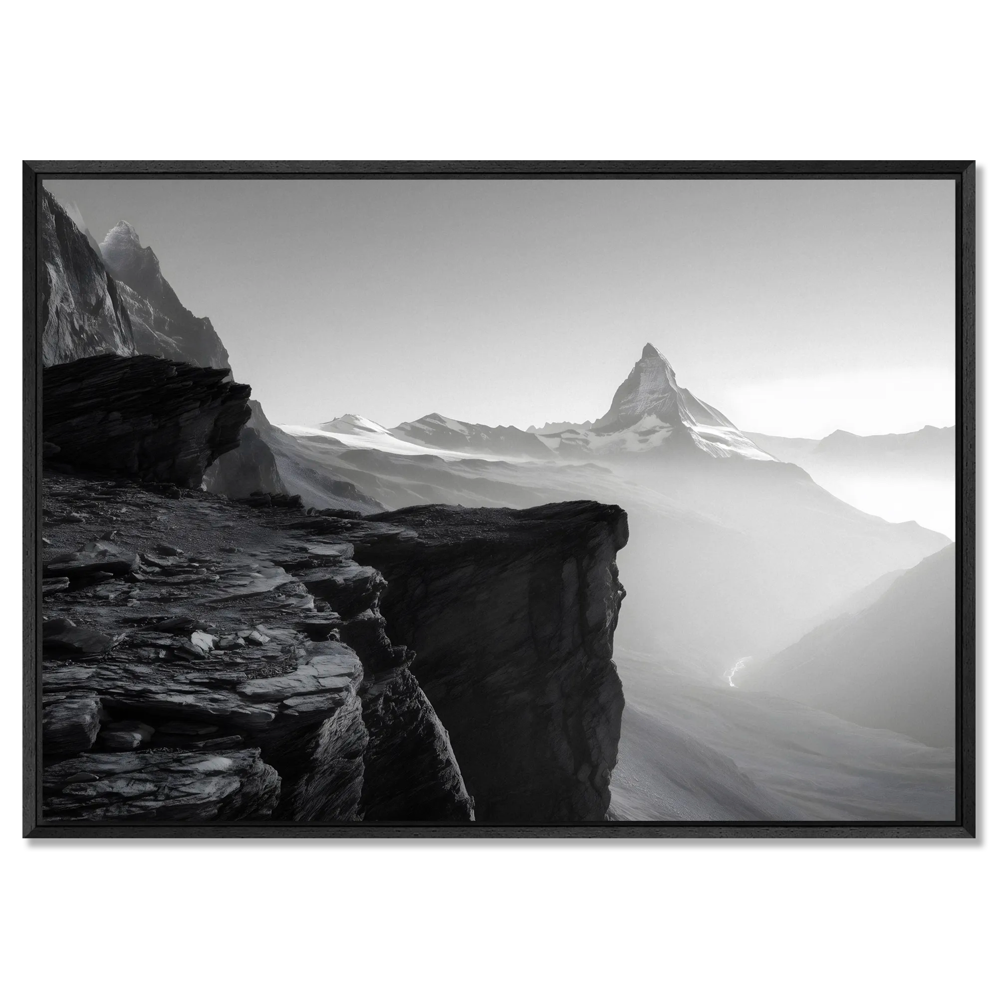 Edge of Silence – Alu-Dibond wall art featuring a majestic view of the Matterhorn in serene black and white.