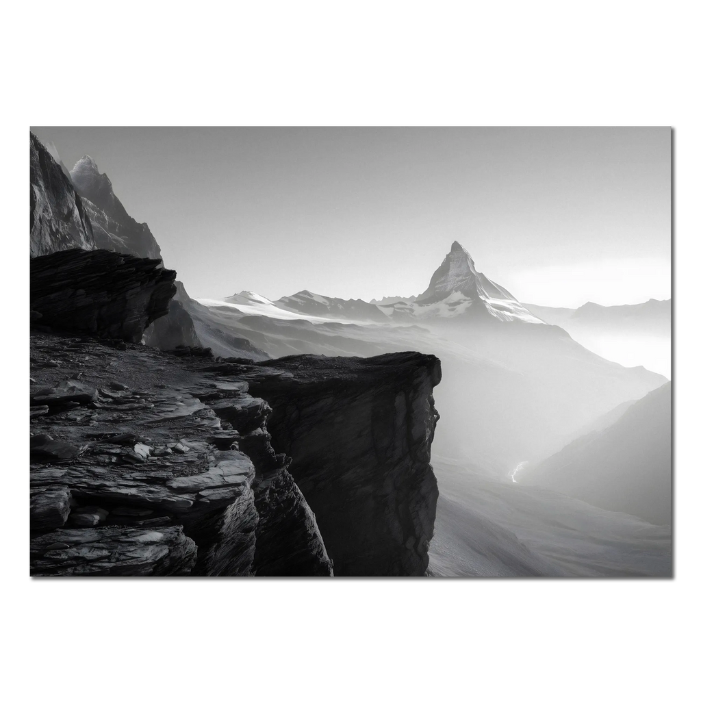 Edge of Silence – Alu-Dibond wall art showcasing the Matterhorn amidst misty Alpine beauty.